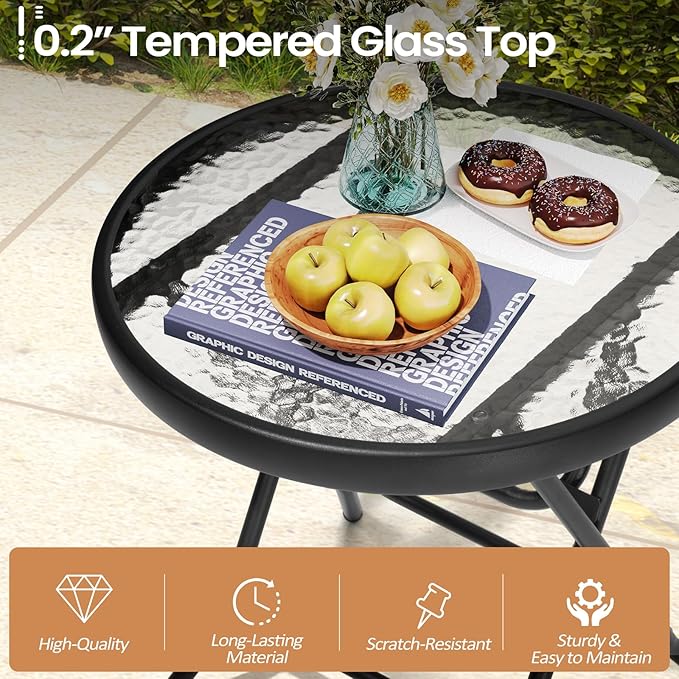 Foldable Patio Side Table Set of 2 with Tempered Glass Top 18" Folding Outdoor Side Tables Set of 2 Small Glass Patio End Tables for Porch Yard Balcony Deck Lawn Dining Garden (Black)