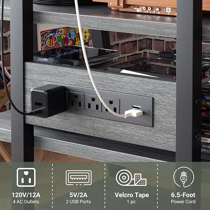 AV Media Stand with Outlets, Media Console with LED Lights, Stereo Racks and Stands with Storage Shelves, Media Audio Tower Stand, Light Grey Walnut