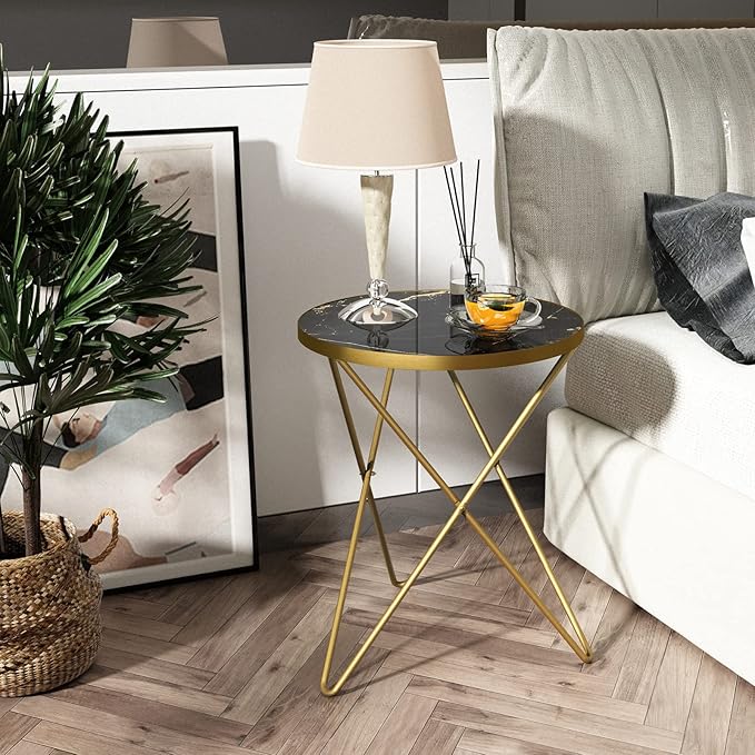 HLR Modern Round Side Table, End Table with Marble Effect Top and Gold Metal Frame, Small Side Table for Living Room, Bedroom, Sofa and Couch, Gold Legs, Black Marble top
