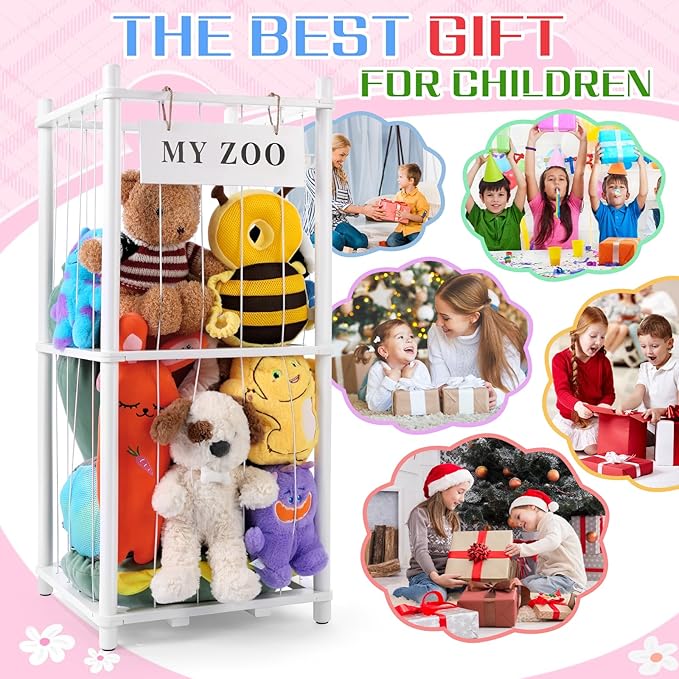 Stuffed Animal Storage Zoo, Wooden Stuffed Animal Organizer with Elastic Cords for Boys Girls, Space Saving Toy Plushies Storage Holder for Playroom, Bedroom, Living Room (White, Small)