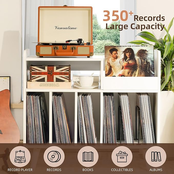 Record Player Stand, Large Record Player Table Cabinet with Open Vinyl Storage and Display Shelf Holds up to 350 Albums, Mid Century Wood Turntable for Living Room, Bedroom (White)