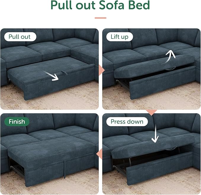 HONBAY Modular Sectional Sleeper Sofa Bed, Corduroy Pull Out Couch with Storage Ottoman, U Shaped Sectional Couches for Living Room, Blue