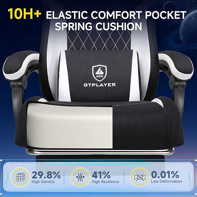 GTPLAYER Gaming Chair, Video Game Chairs with Footrest and Lumbar Support, Computer Chair for Adults with Extended Backrest, Ergonomic Reclining Silla Gamer, Fabric, Black