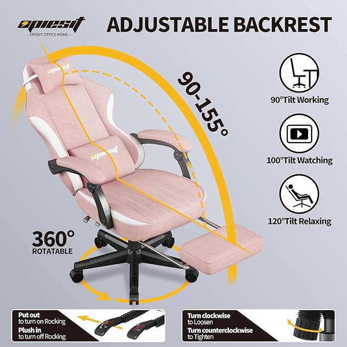 Gaming Chair,Fabric Computer Chair with Pocket Spring Cushion,400 lb Load Capacity,Ergonomic Office Chair with Footrest,Height Adjustable Video Gamer Chair with Lumbar Support (Pink)