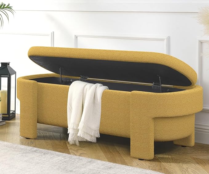 KEIKI 51" Linen Ottoman Bench with Large Storage Space, Upholstered Seating Foot Rest Stool Furniture for Bedroom, Living Room, Entryway, Yellow