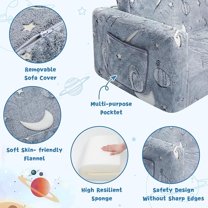Toddler Chair Comfy,2-in-1 Soft Toddler Couch Fold Out for Kids,Convertible Sofa to Lounger,Gift for Girls and Boys Birthday,Space,Medium