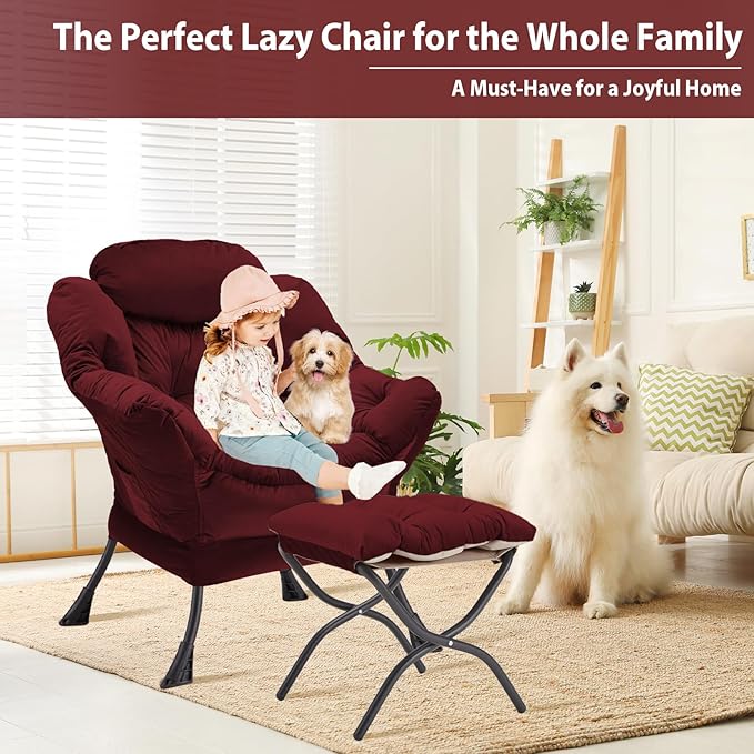 Lazy Chair with Folding Ottoman, Accent Chair Velvet Upholstered with Metal Structure and Non-Slip Pads, Sofa Armchair with Footrest and Side Storage Bag for Dorm, Room, Office, Burgundy