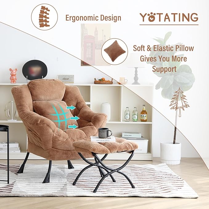 Lazy Chair with Ottoman, Comfy Reading Lounge Chair with Footstool & Throw Pillow Modern with Armrests & Side Pocket for Living Room, Bedroom, Dorm Room, Plush Brown