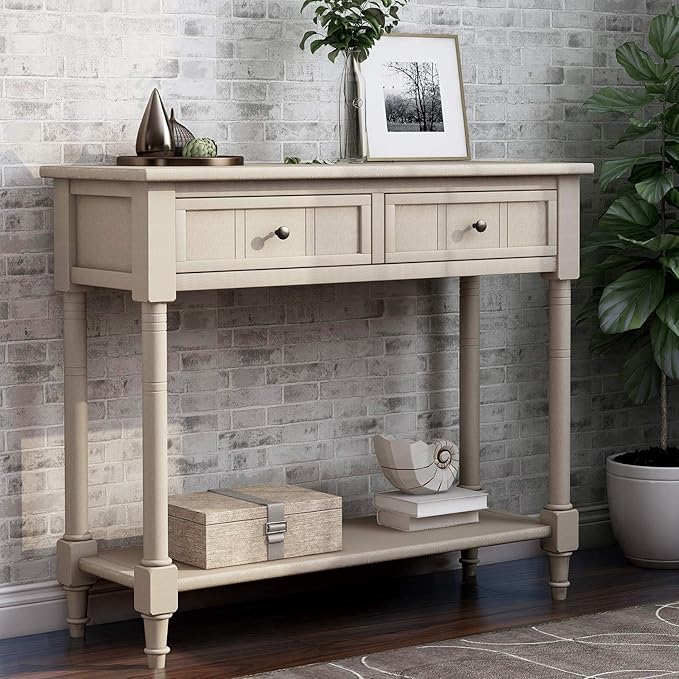 Merax Long Narrow Entryway Console Table with Storage Drawers and Bottom Shelf Antique Gray