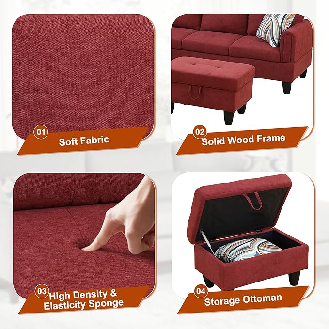 Osparple L Shaped Couch Sectional Couches for Living Room Upholstered Fluffy Fabric 3 Pieces Modular Sectional Sofa with Chaise, Ottoman with Storage for Living Room and Small Apartment, Red