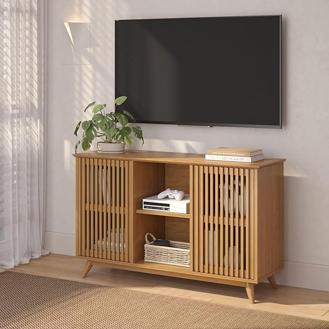 Plank+Beam Mid-Century Modern Wood TV Stand, Solid Wood Entertainment Console with Storage, 49" L x 16" W x 30" H, Pecan