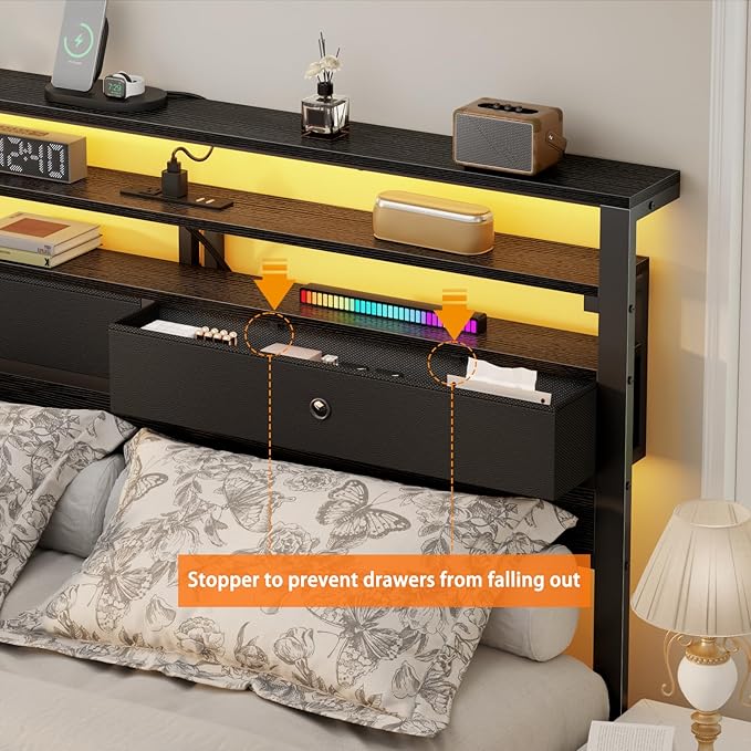 Furnulem Queen Bed Frame with Headboard & 2 Fabric Drawers, Bed Frame Queen Size Featuring LED Lights, Built-in Charging Station & Storage Shelves, Metal Slats, No Box Spring Needed – Black Oak