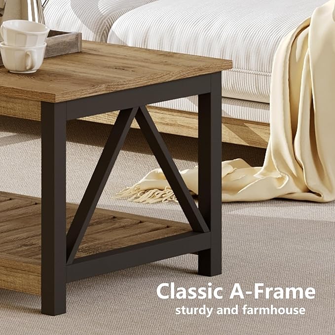 ChooChoo Farmhouse Coffee Table with 2-Tier Storage, 40-Inch Rectangular Wooden Center Table for Living Room, Rustic Oak & Black