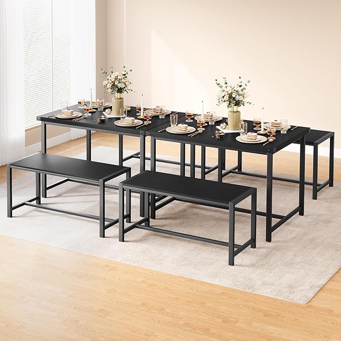 Dining Table Set for 4 with 2 Benches, 3-Piece Kitchen Table Set, Space-Saving Dining Set for Kitchen, Dining Room, Black