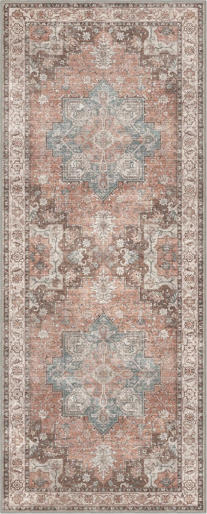GENIMO 2x10 Runner Rugs for Hallway, Machine Washable Non Slip Vintage Rugs, Low Pile Lightweight Soft Print Rug for enrtyway, Corridor, Home Office, Kitchen, Dew Pink
