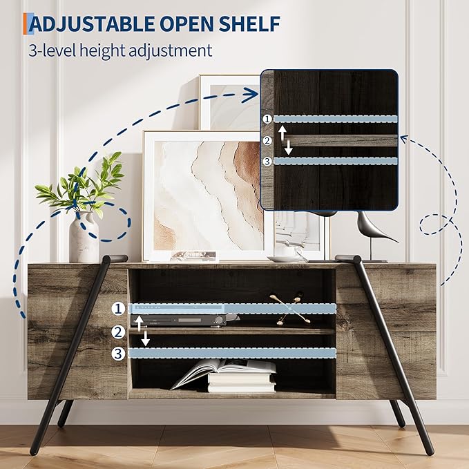 TV Stand for 60 55 50 45 Inch TV, 47" Mid Century Modern Entertainment Center with Adjustable Open Shelves & Metal Legs, Industrial Media Console Table for Living Room, Oak