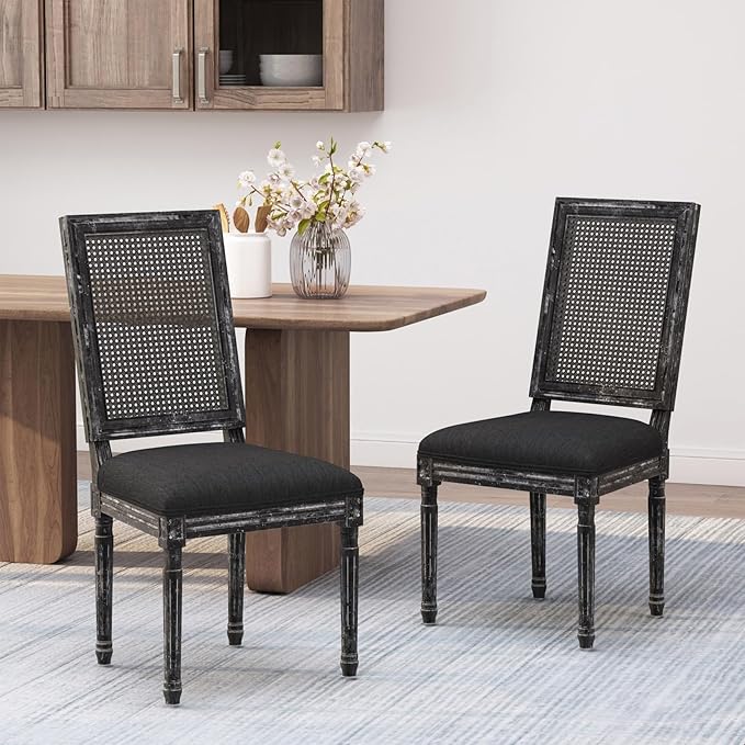 Merax Upholstered Solid Wood Dining Chairs Set of 2, French Country Style Accent Side Seating Furniture for Kitchen, Living Room, Wicker Back, Black