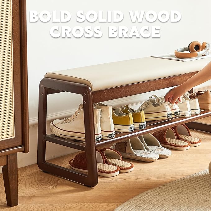 Solid Wood Shoe Bench, 2-Tier Wooden Storage Entryway Bench, Small Entryway Bench, Mid-Century Modern Bedside Bench with Faux Leather Cushion for Dining Room Living Room, Cream Grey 21.65''