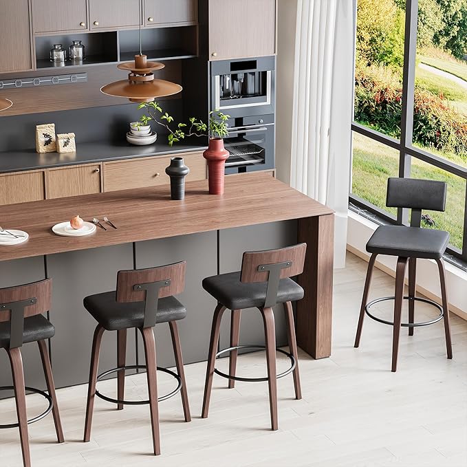IRONCK Counter Height Bar Stools Set of 2, 29'' Faux Leather Upholstered Barstools with Back, Footrest, Wood Texture Bent Legs, Mid-Century Modern 360° Swivel Bar Stools for Kitchen Island, Black