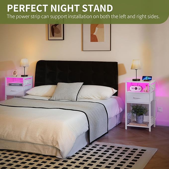 Yoobure Side Table - Night Stand with Charger Station & LED Light, 3 Tier Small End Table Living Room, Bedside Table with Drawer, Record Player Stand with Vinyl Storage, White Nightstand for Bedroom