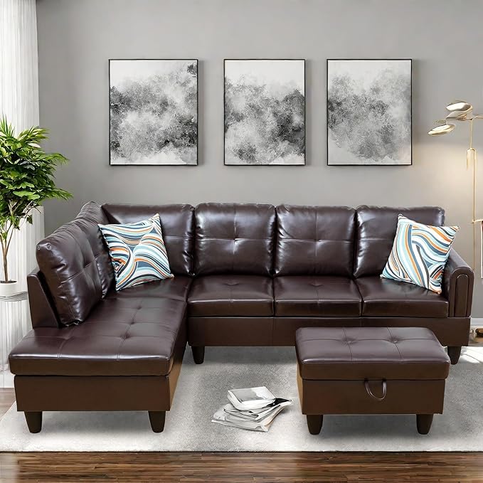 Convertible Leather Sectional Couch, Modern L Shaped Couch with Storage, Large Modular 5-Seat Sectional Sofa with Ottomans for Living Room and Office, Brown