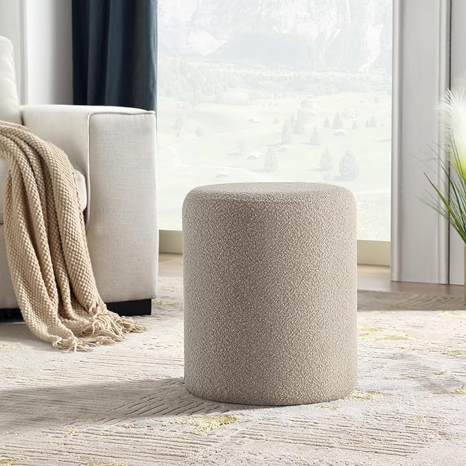 Get Set Style Modern Round Ottoman with Soft Padded Seat, Vanity Stool for Makeup, Upholstered Footrest Stool Ottoman Foot Stool for Living Room, Bedroom，White