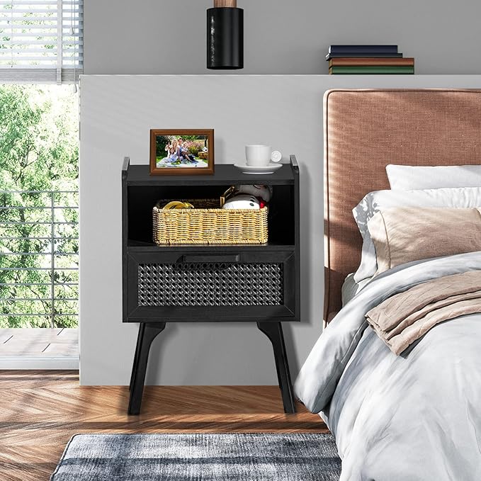 Lerliuo Rattan Nightstands Set of 2, Boho Side Table with Drawer Open Shelf, Cane Accent Bedside End Table with Solid Wood Legs for Bedroom, Dorm and Small Spaces (Black)