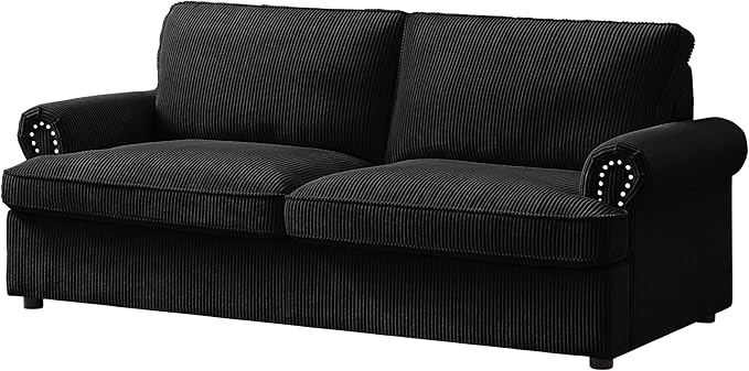 Reversible Sleeper Sofa Bed with Comfortable Memory Foam Mattress, Convertible Corduroy Full Size Pull Out Couch for Living Room, Space Saving Furniture, 72" Wide, Rounded Arms, Black