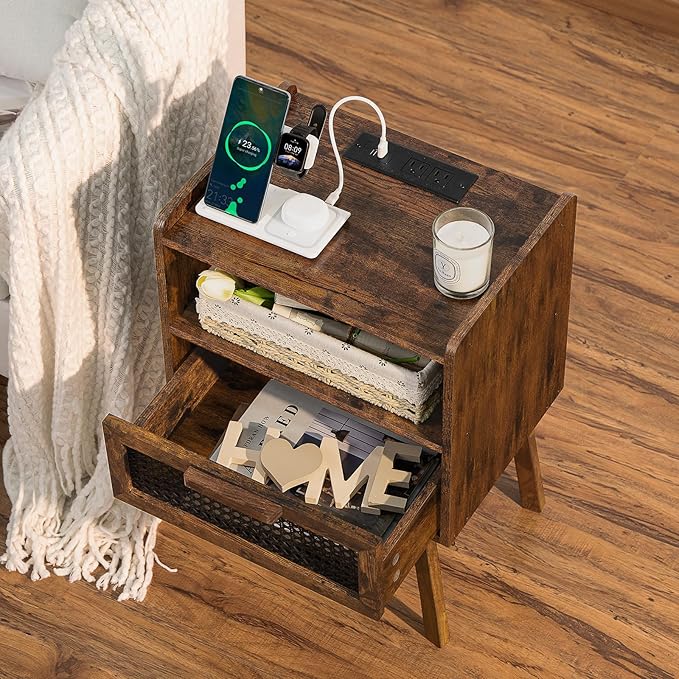 Lerliuo Rattan Nightstands Set of 2 with Charging Station, Boho Side Table with Drawer Open Shelf, Cane Accent Bedside End Table with Solid Wood Legs for Bedroom, Dorm and Small Spaces (Brown)