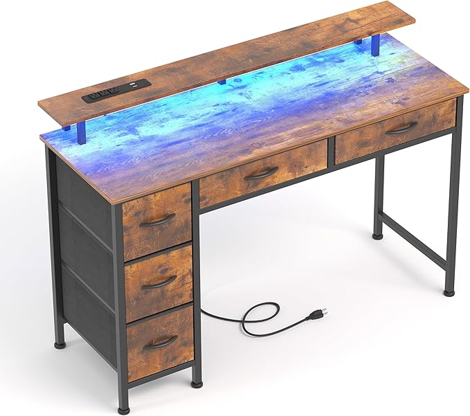 Computer Desk with 5 Drawers, Gaming Desk with LED Lights Power Outlets and Type-C, 47 Inch Office Desk with Storage, Monitor Stand, Writing Desk Work Table for Home Office, Small Spaces, Rustic Brown
