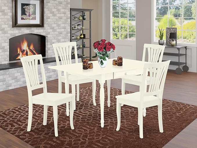 East West Furniture MZAV5-LWH-W 5 Piece Dinette Set for 4 Includes a Rectangle Dining Room Table with Dropleaf and 4 Dining Chairs, 36x54 Inch, Linen White