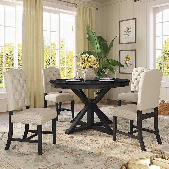SogesPower 5-Piece Retro Dining Table Set, Round Farmhouse Kitchen Table Set for 4, Space-Saving Kitchen Table Set with Extendable Table and 4 Upholstered Chairs for Dining Room Living Room,Espresso