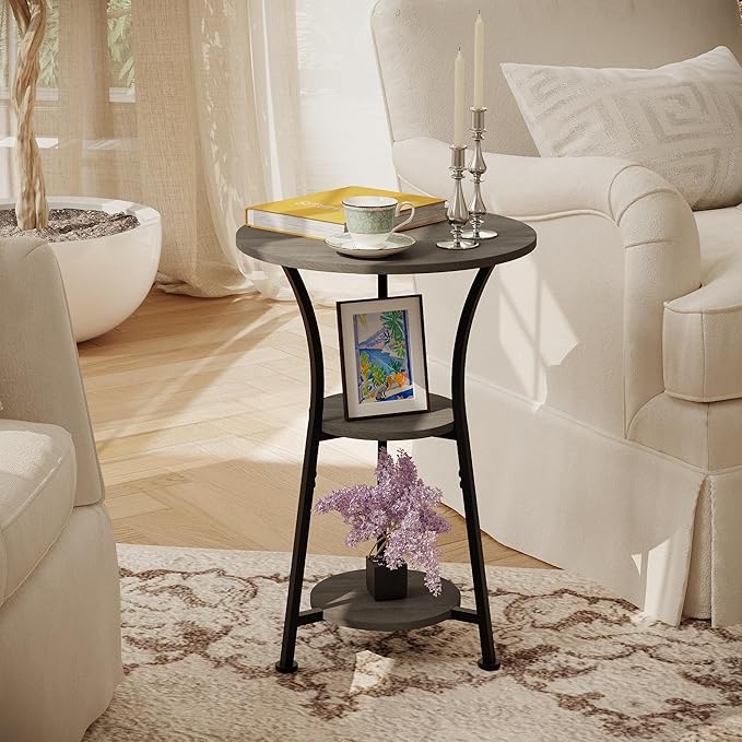 Dulcii Small Round End Table for Narrow and Small Space, 3-Tier Round Accent Couch Beside Table, Modern Side Table Corner Sofa Table Nightstand for Living Room Bedroom,Grey