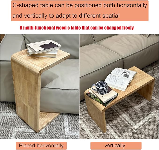 C Shaped End Table, Solid Wood C Side Table for Couch Sofa and Bed, Sofa Tables That Slide Under for Space Saving, Small Snack C Tables for Living Room Bedroom (H 27.2″ - Wood, 1)