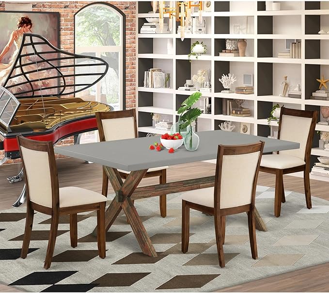 East West Furniture X797MZN32-5 5 Piece Dining Set Includes a Rectangle Dining Room Table with X-Legs and 4 Light Beige Linen Fabric Upholstered Parson Chairs, 40x72 Inch, Multi-Color