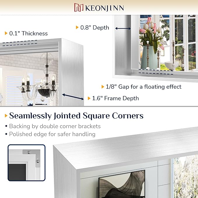 Keonjinn Silver Bathroom Mirror 60” x 40” Large Wall Rectangle Mirror for Bathroom Square Corner Metal Framed Farmhouse Mirror Decorative Rectangular Vanity Mirror for Over Sink(Horizontal/Vertical)