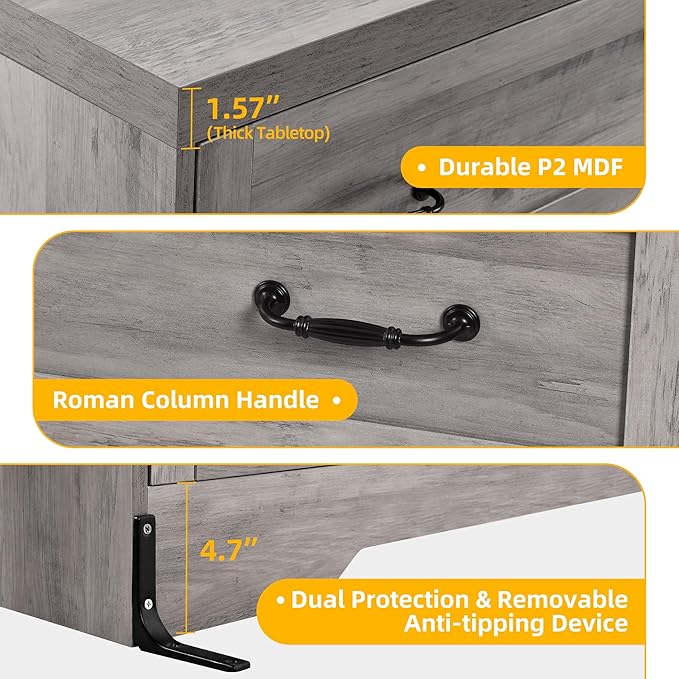 YITAHOME Grey Drawers TV Stand for 65 inches with Power Outlets -Chest of Drawers Dresser with Side Organizer Bag Entertainment Center TV Console
