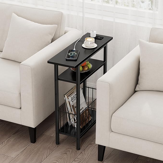 Vagusicc Narrow Side Table with Charging Station, 3-Tier Skinny Side End Table for Couch, Small End Tables for Small Spaces, 25.2" Tall Slim Nightstand Bedside Table for Living Room, Bedroom, Black