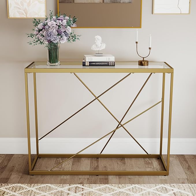 OIOG Glass Console Table for Entryway, Modern Sofa Table with Temperes Glass Tabletop and Golden Frame, Gold Entryway Table for Living Room, Foyer, Dining Room, Home Office