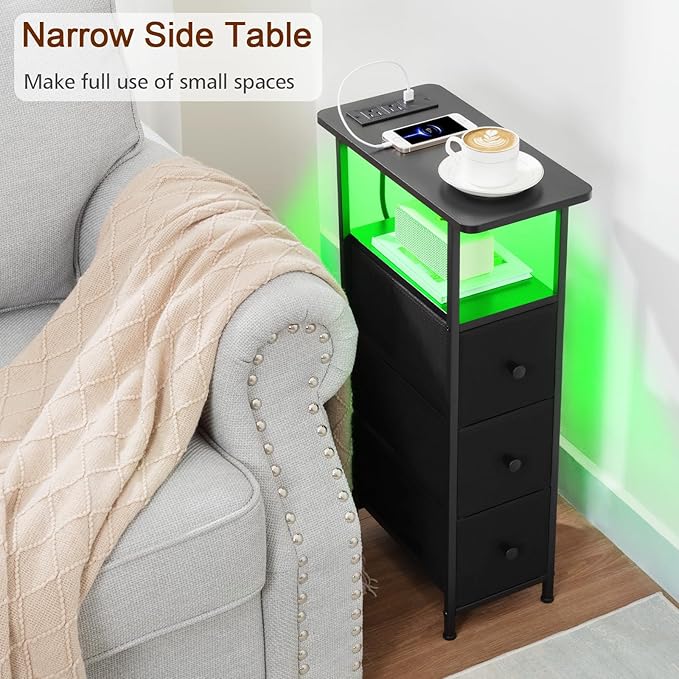 Narrow End Table Living Room with Charging Station, Skinny Side Table with Fabric Drawers, Slim LED Nightstand for Bedroom, Small Spaces, Couch, Black, HETNDP03LBK-1