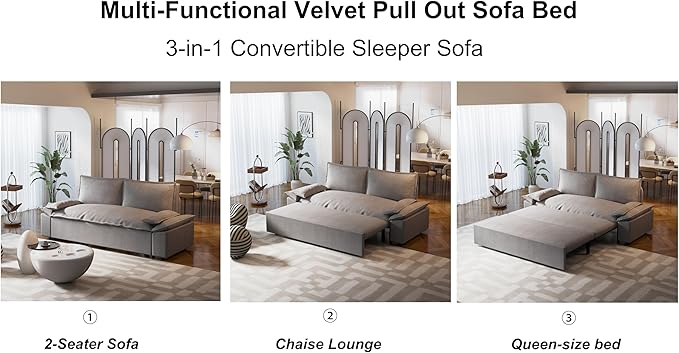 ERYE 73.2" Queen Size Sleeper Sofabed Modern 3 in 1 Convertible Loveseat Sofa&Couch, Velvet Upholstered Love Seat Sofa with Pull Out Sleep Couch Bed and W/Pillows Armrests for Home Apartment RV