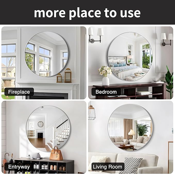 Silver Round Mirror, 39 Inch Wall Mounted Round Mirror, Aluminum Alloy Metal Frame Wall Mirror, Round Bathroom Mirror, Round Mirror for Bathroom, Entryway, Living Room, Large Mirror for Over Sink
