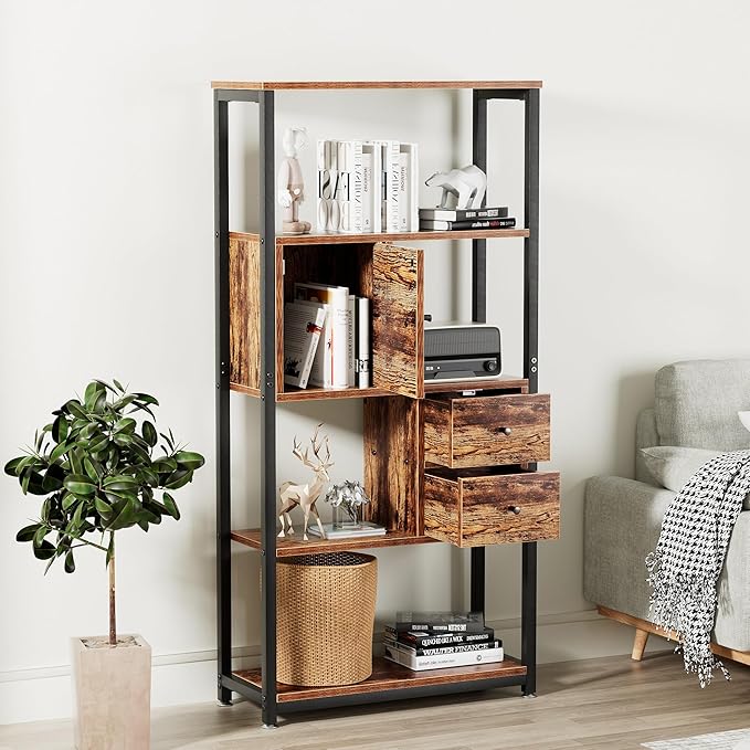 VECELO 5-Tier Bookshelf,Bookcase with 2 Storage Drawers and 1 Cabinet, Wooden Shelf with Metal Frame Open Book Shelves Standing Shelf Unit for Living Room, Bedroom,Office