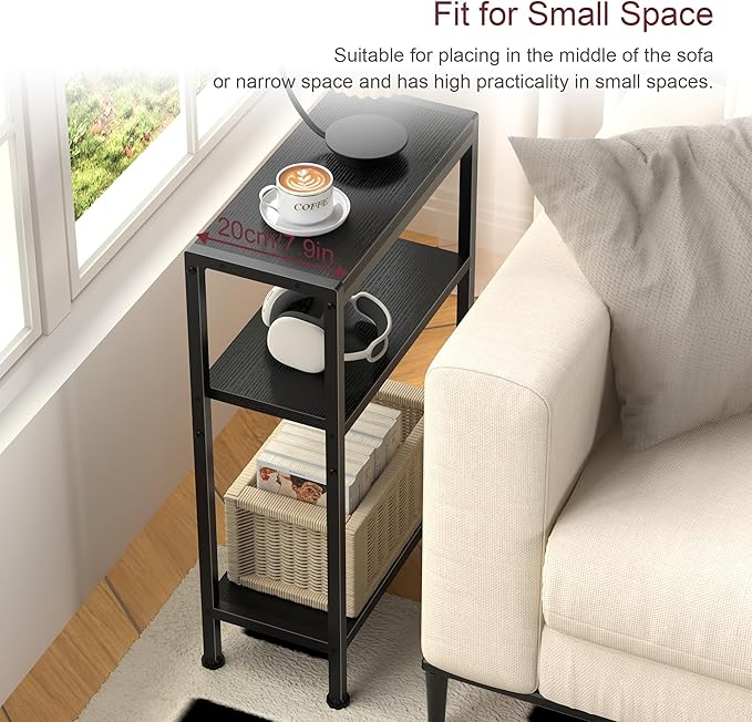 Narrow Side Table for Small Space Set of 2,3-Tier Small End Table with Shelf Holder, Slim Nightstand, Skinny Snack Couch Table in Living Room, Bedroom, Study, Kitchen and Balcony（Black