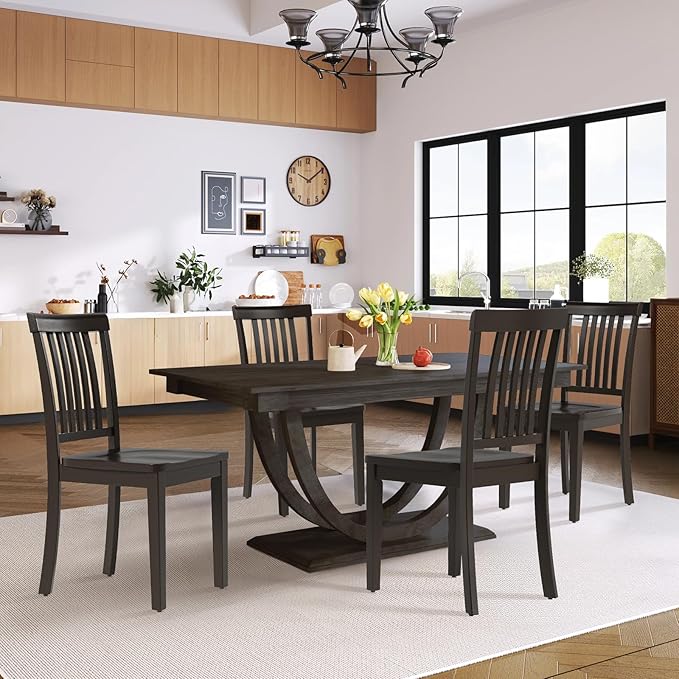 COLAMY Wooden Dining Chairs Set of 6, Solid Rubberwood Kitchen & Dining Room Chairs,Windsor Style Seating, Rustic Dining Table Chairs, Non-Slip Foot Pads, Farmhouse & Traditional Seating,Dark Brown