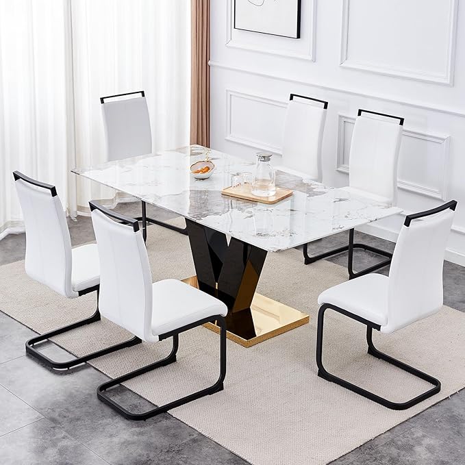 Modern Dining Chairs Set of 6,High Back Kitchen Chairs,Side Room Chair with Black Powder Coating Metal Legs,Easy to Clean Upholstered Dining Chairs,Ideal for Living Room(White Chairs)