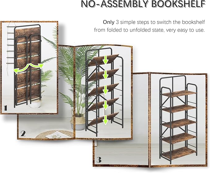 4NM No Assembly Folding Bookshelf 5 Tiers Vintage Industrial Black Book Shelf Metal Foldable Storage Bookcase and Bookshelves for Living Room,Bedroom and Kitchen - Rustic Brown