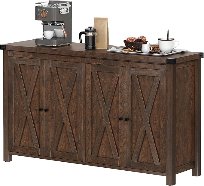 YITAHOME 55'' Buffet Cabinet with Storage, Farmhouse Sideboard Cabinet Coffee Bar Cabinets with Barn Doors ＆ Adjustable Shelves for Kitchen, Living Room, Brown