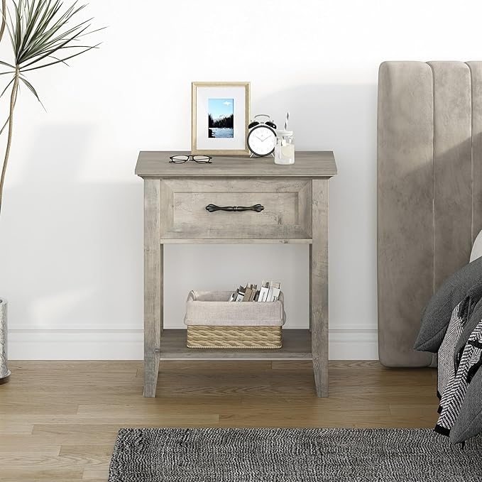 IDEALHOUSE Grey Nightstand, End Table with Drawer, Side Table for Spaces, 2 Tiers Storage Shelves with Dresser, Bedside Table for Living Room, Bedroom, Dorm (Grey)