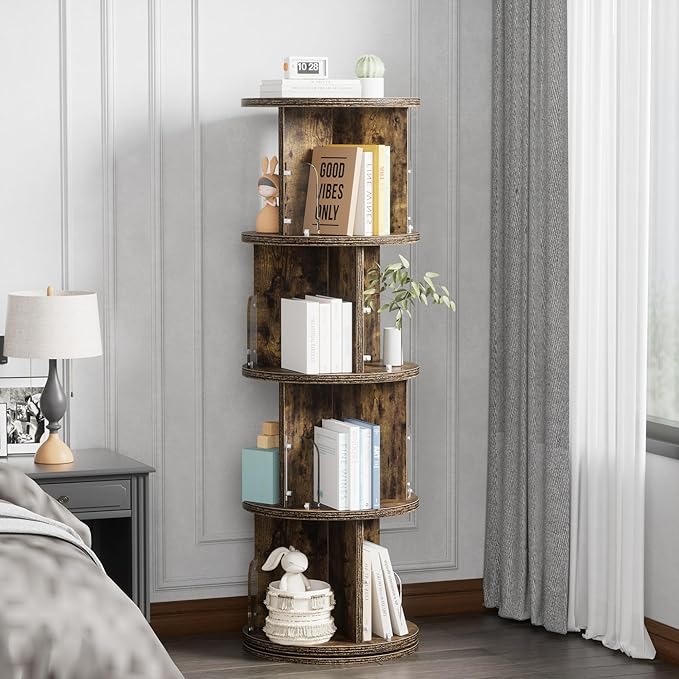 VECELO Rotating Bookshelf Tower, 360°Revolving Bookcase, Round Book Shelf Rotating, Stackable Storage Display Rack Floor Standing, Corner Bookshelf for Home Office, Brown